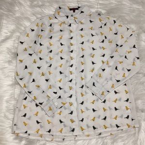 Ginger Women’s White with Yellow Black Birds Print Button Down Collared Shirt